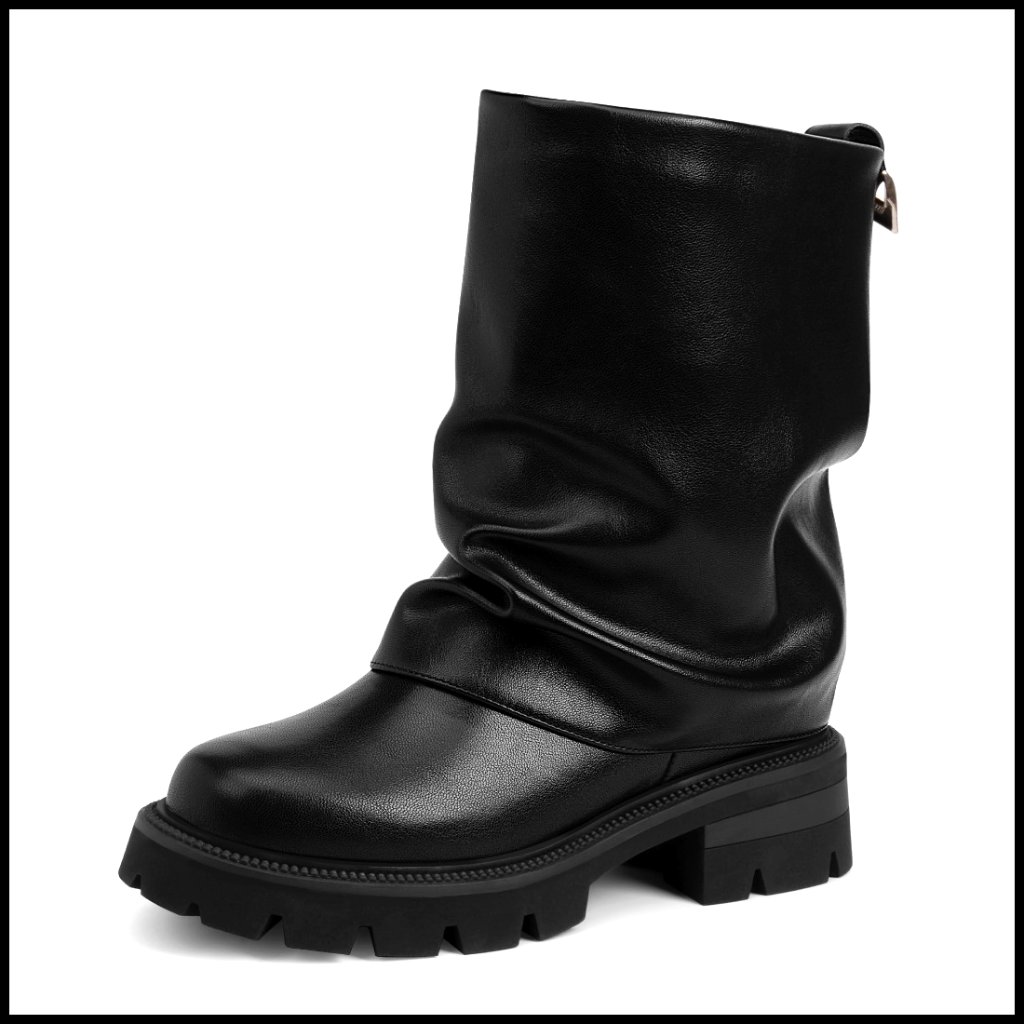 Slouchy Mid-Calf Boots Platform Heel Leather Slip On Block Heel Booties